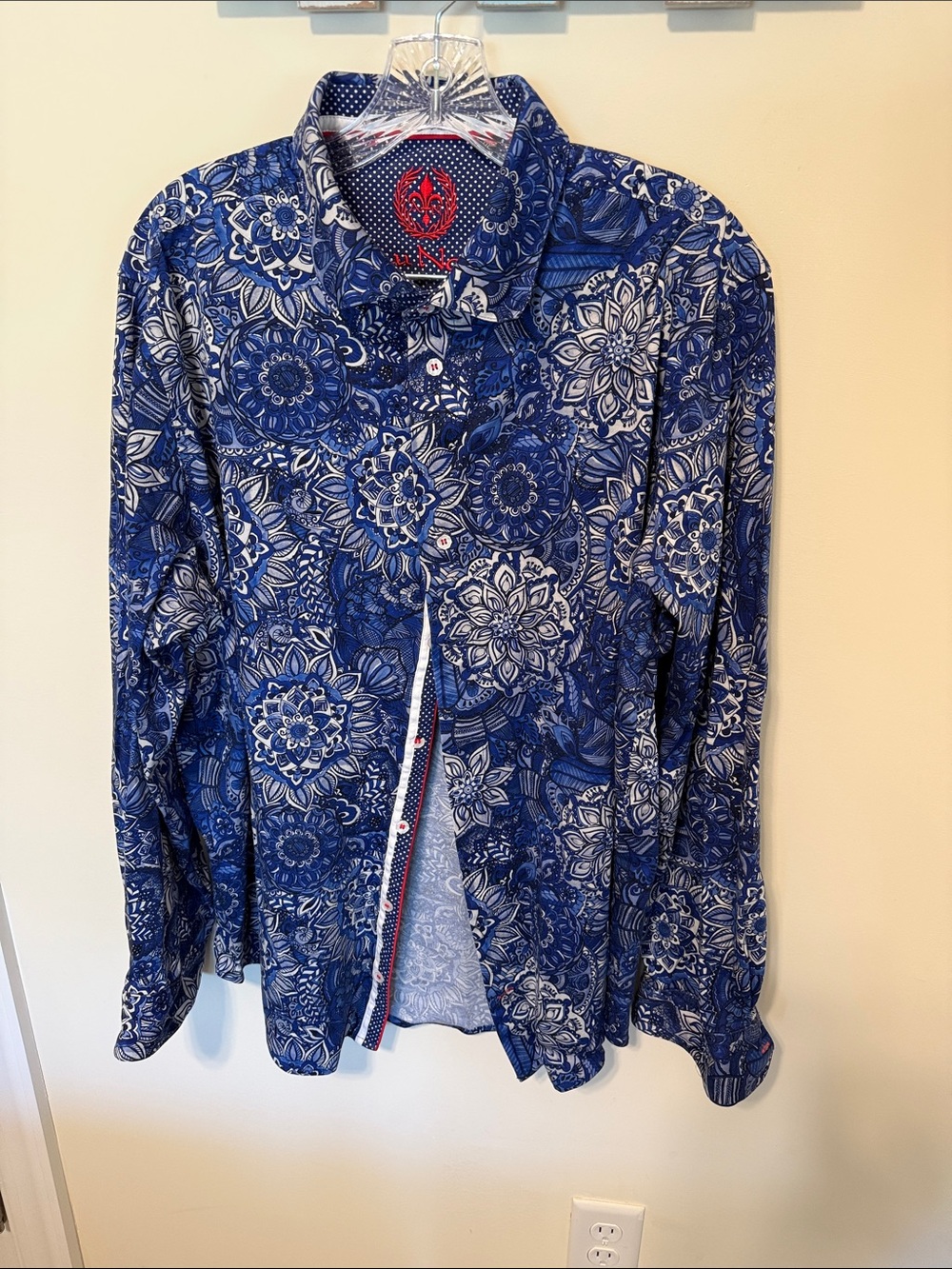 Au Noir Men's Royal Blue Floral Button-Down Luxury Knit Shirt / Size XXL